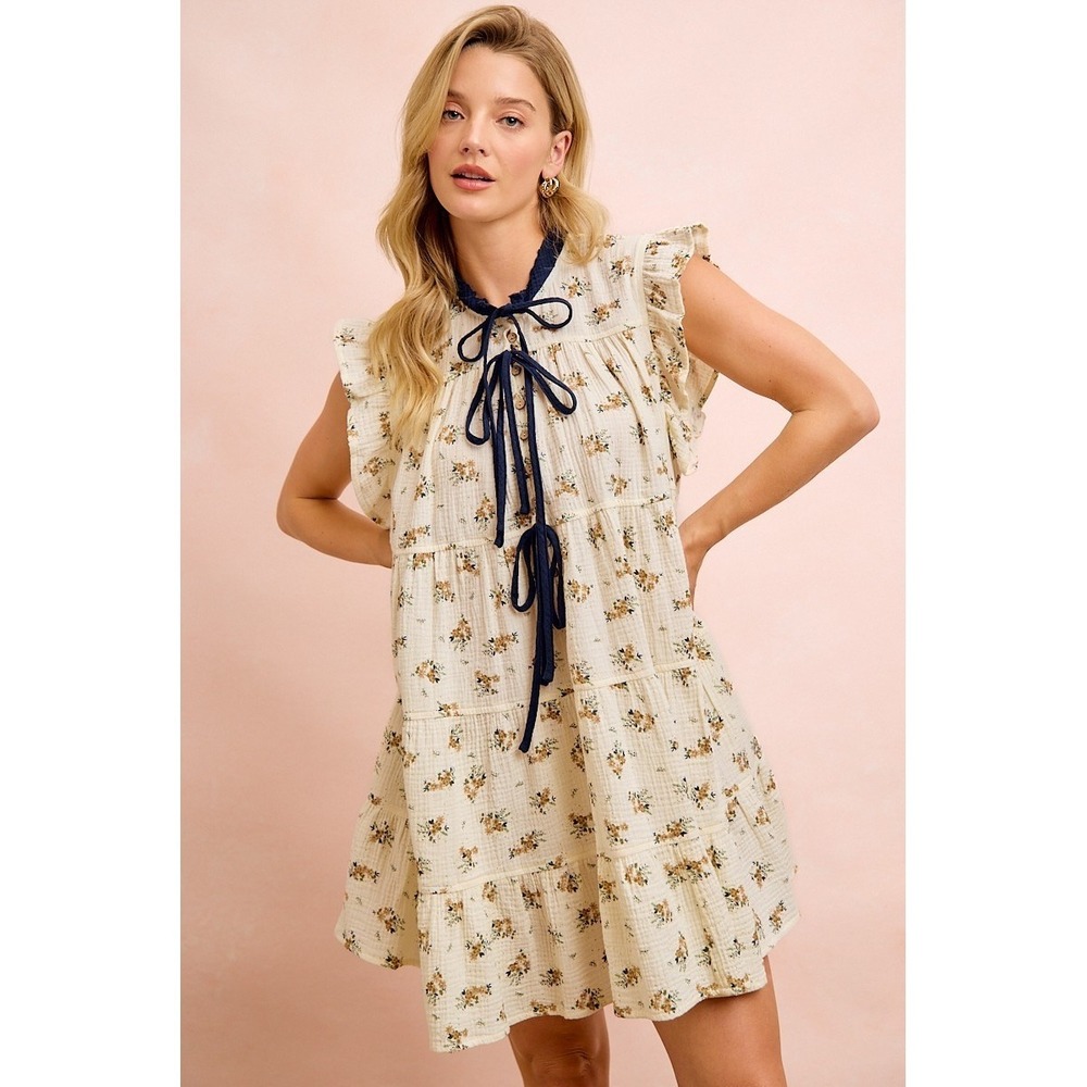 BiBi Floral Multi-tierd Dress With Ruffles And Front Tie - Oatmeal/Navy - Large - Picture 2 of 16